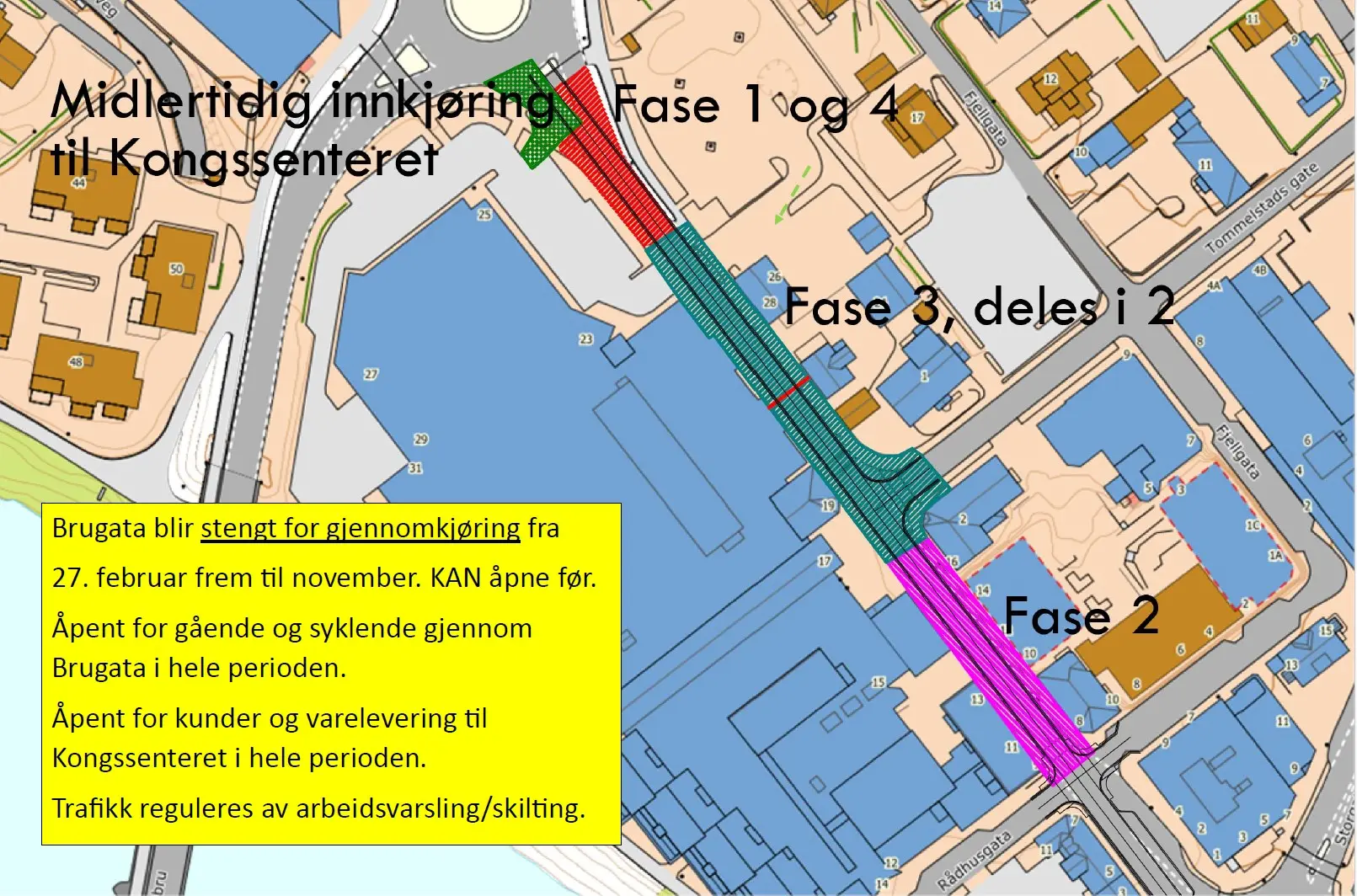 Kart over fasene i arbeidet med forbedroing av Brugata