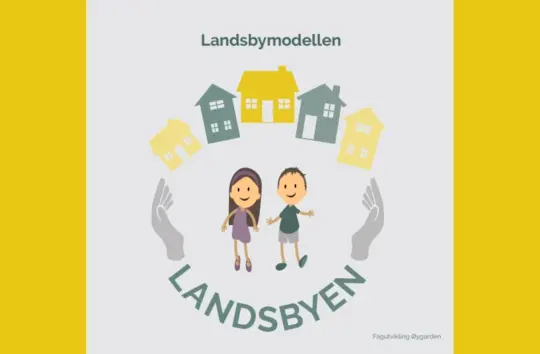 En logo hvor du ser tegning av en gutt og jente. På bildet står det: Landsbymodellen.