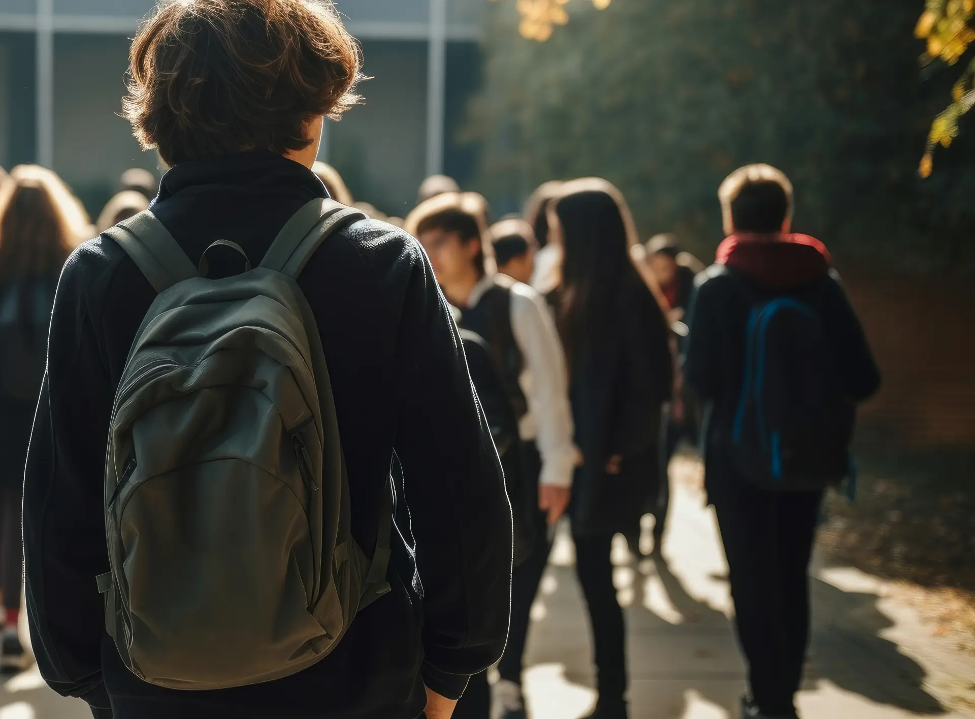 Bilde av en gutt på 14 år med skolesekk. En ser ryggen til gutten.