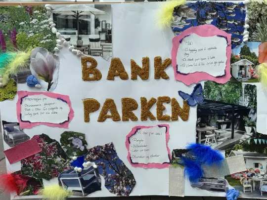 Bilde som viser ungdommens tanker rundt BankParken i Kongsvinger med moodboards og modeller.