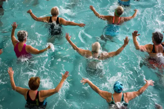 Bilde av flere personer som gjør vanngym i basseng.