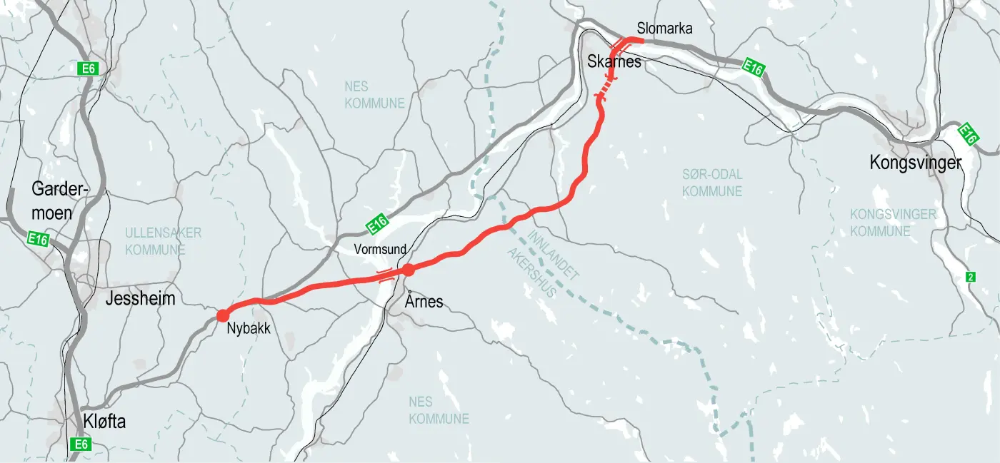 Kartutsnitt som viser EN10-korridoren i nytt planforslag for E16. EN10 går fra Nybakk i Nes til Slobrua i Sør-Odal.