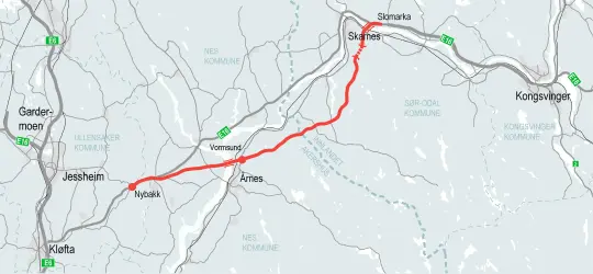 Kartutsnitt som viser EN10-korridoren i nytt planforslag for E16. EN10 går fra Nybakk i Nes til Slobrua i Sør-Odal.