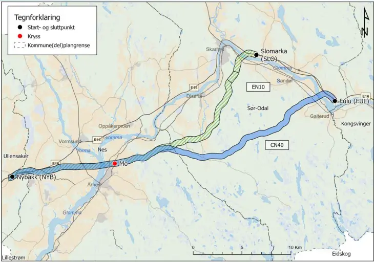 Kartutsnitt som viser EN10-koridoren og CN40-korridoren