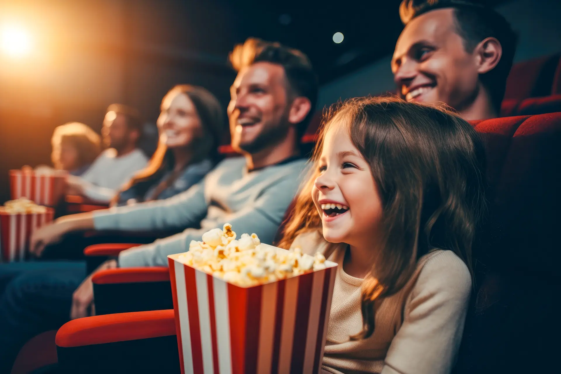 Bilde av ei jente som er på kino med popcorn.