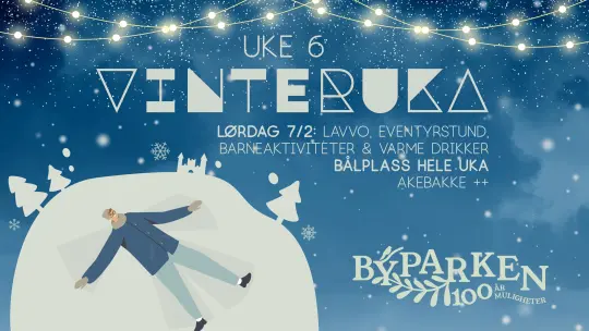 Illustrasjonsplakat hvor det står vinteruka i Byparken på.