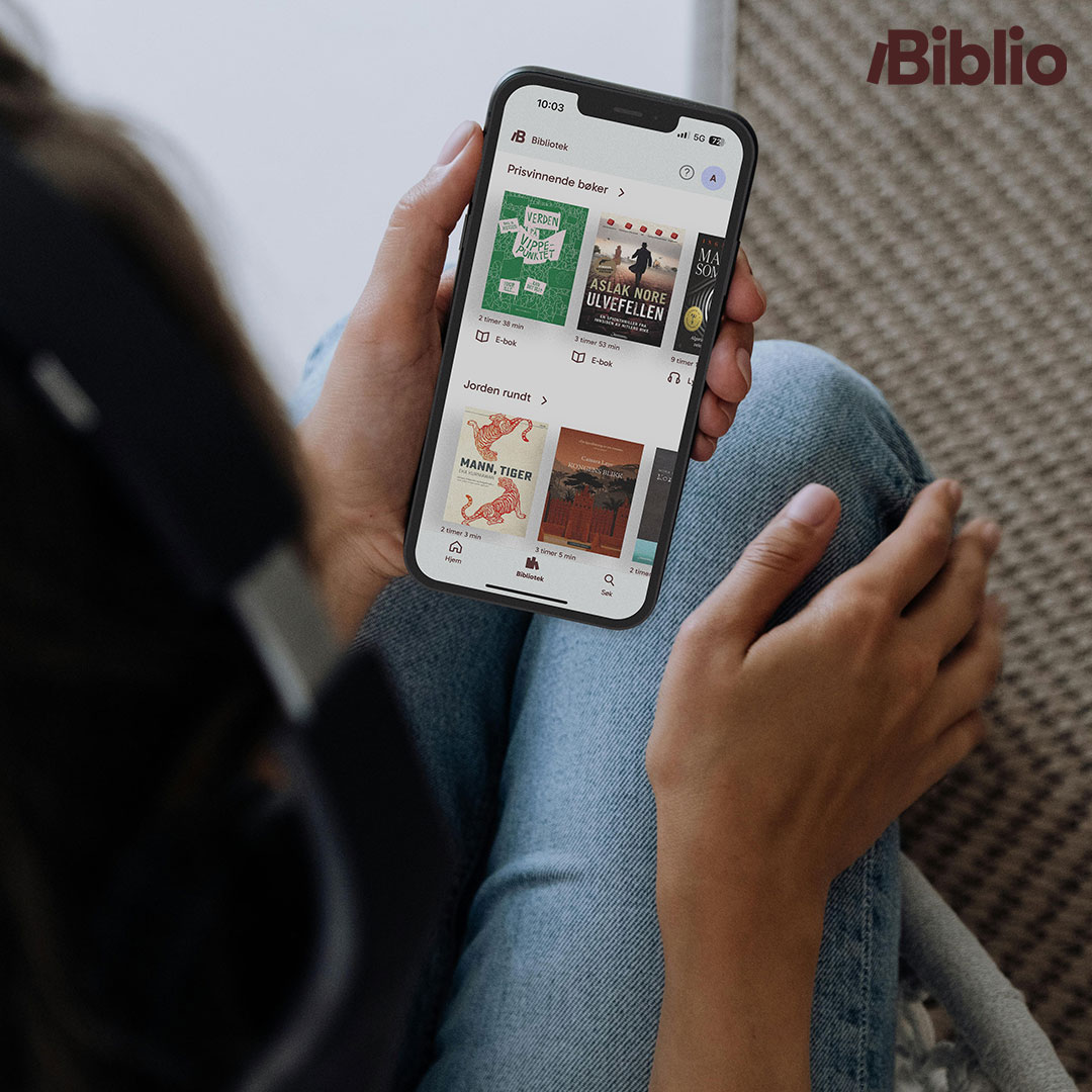 Mobilskjerm med appen biblio