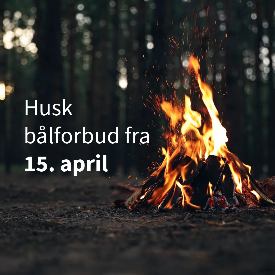 Bilde av et bål i skogen hvor det står: Husk bålforbud fra 15. april.