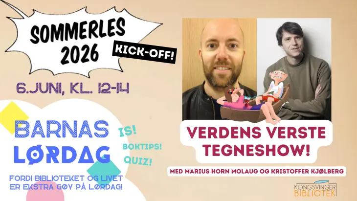Arrangementsbilde Kick off Sommerles 2026. Bilde av forfatteren Marius Molaug, illustratør Kristoffer Kjølberg.