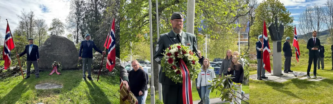 Kollagebilde som viser markering med kranser og norske flagg på fredsmonumentene i Kongsvinger.