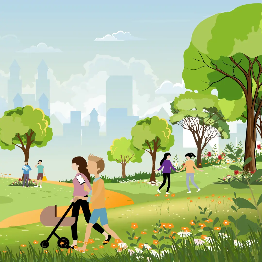 Tegnet bilde av en park med by og folk.