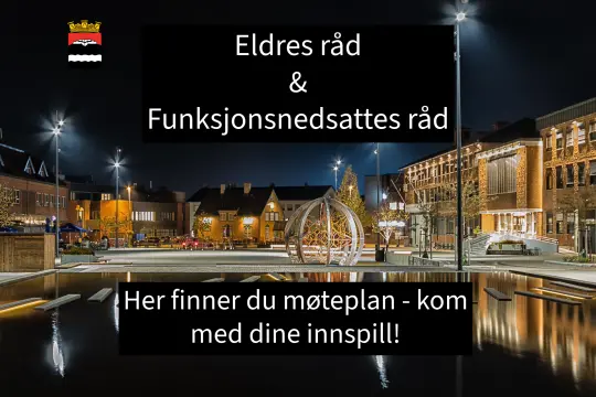 Bilde av rådhusplassen. På bildet finner en kommunelogo og tekst: Eldres råd og Funksjonsnedsattes råd.