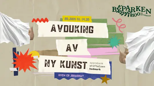Kunstplakat som ilustrerer avdukning av kunst med ulike kunstelementer.