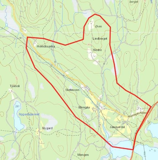 Kartbilde over Jammerdal med avgrensninga for området.