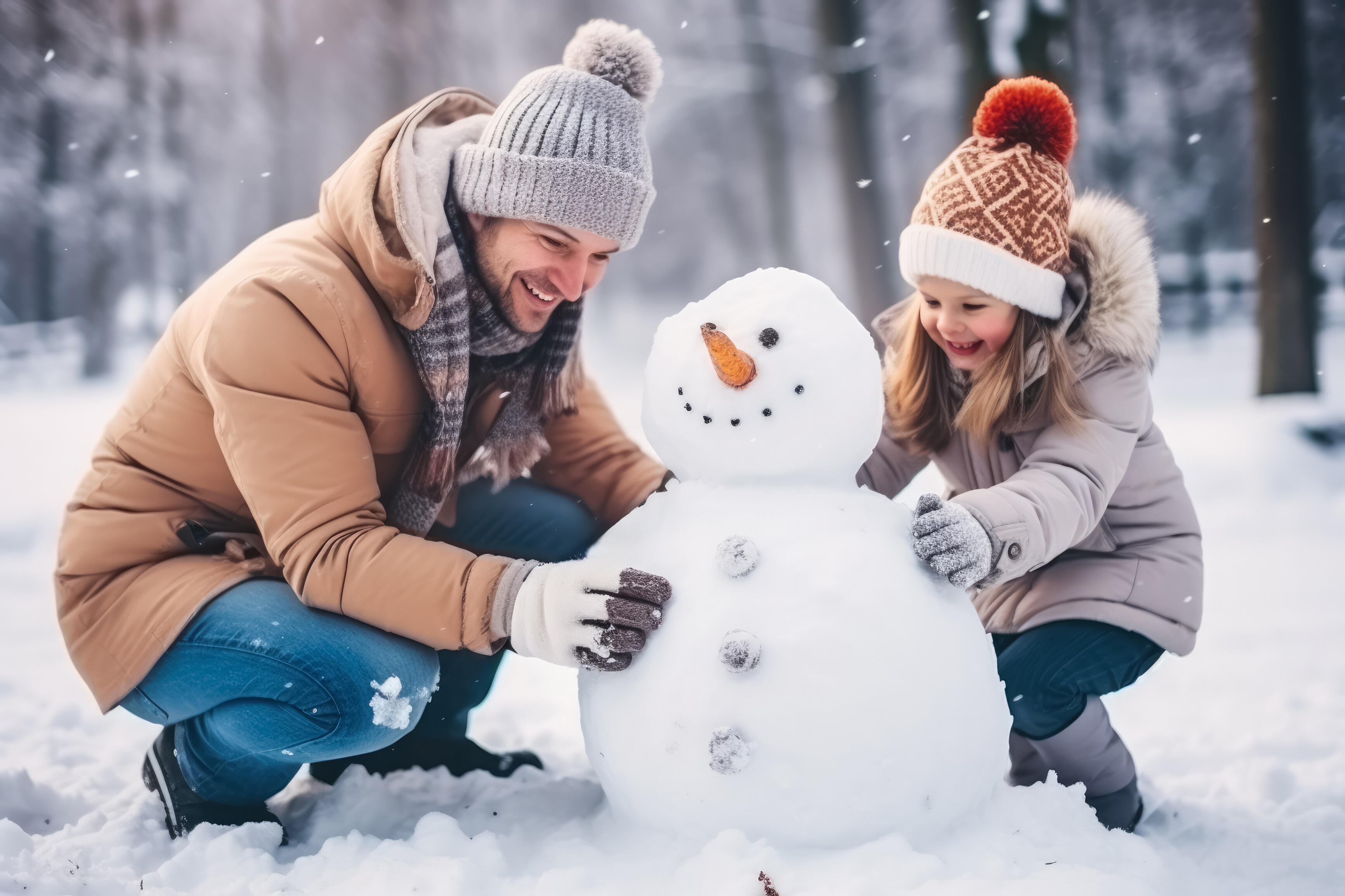 En far og et barn som bygger snømann. De er glade og fornøyde med godt med vinterklær på seg.
