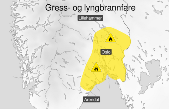 Viser et bilde av et kart hvor deler av østlandet er markert med gult. Markeringen viser de som har gult nivå for skogbrannfare.